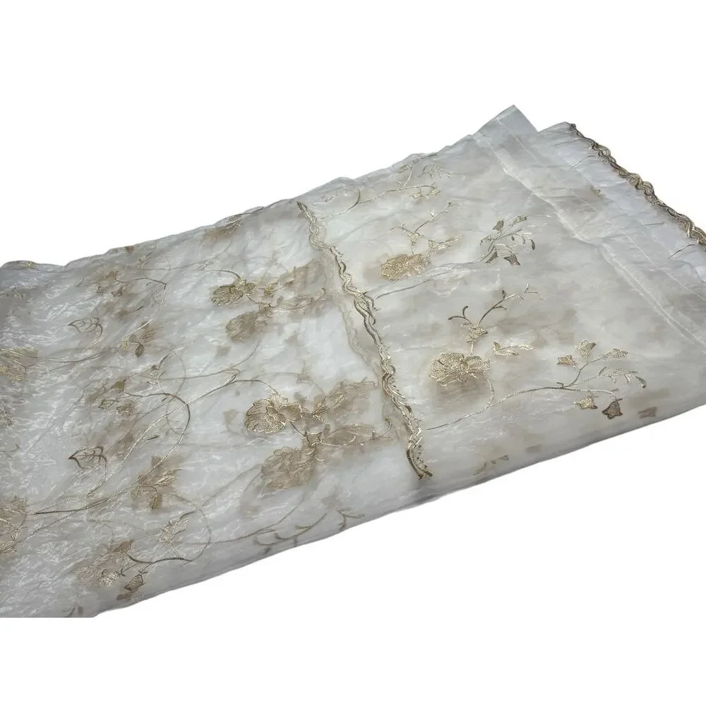 Single Embroidered Gossamer Net Curtain Panel w/ Attached Valance Gold Ivory